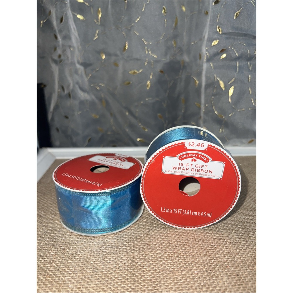 2 Rolls Holiday Time Dark Blue Wire Edged Ribbon 1.5in x 15ft Gift Wrap Spools